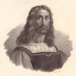 Porträt des italienischen Kupferstechers Marcantonio Raimondi (1480-1534), Kupferstich von Barni nach einem Gemälde von Raffaello Sanzio