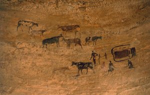 Szene des täglichen Lebens mit Vieh, Felskunst, Tassili n