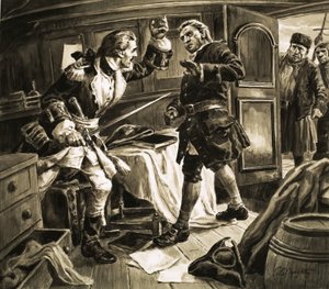 Mit dem Schwert in der Hand stürzte sich der spanische Küstenwache-Kapitän auf Kapitän Jenkins. von C.L. Doughty