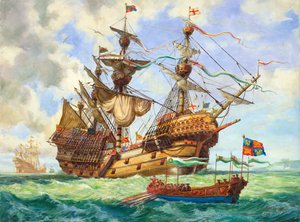 Die Great Harry, Flaggschiff von König Heinrichs Flotte, mit vielen ihrer 251 Kanonen von C.L. Doughty