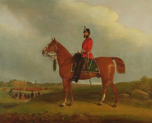 Ein Offizier der Bedford Light Infantry Miliz auf einem Pferd, 19. Jahrhundert von C.P. Langley
