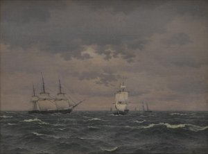 Eine Korvette refft Segel bei auffrischendem Wind und einige andere Schiffe von Christoffer Wilhelm Eckersberg