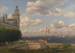 Blick zur schwedischen Küste von den Wällen des Schlosses Kronborg