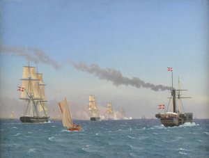 Christian VIII an Bord seines Dampfschiffs "Ægir" beobachtet die Manöver eines Geschwaders in der Nähe von Kopenhagen von Christoffer Wilhelm Eckersberg