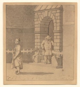 Straßenszene mit einem jungen Mädchen, das ihr Kleid ein wenig hebt; im Hintergrund ein älterer Mann mit einem Stock von Christoffer Wilhelm Eckersberg