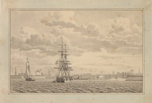 Kopenhagen vom Außenhafen aus gesehen mit einer vor Anker liegenden Brigg und einer segelnden Schaluppe von Christoffer Wilhelm Eckersberg