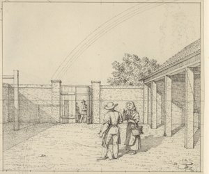 Linearperspektiven angewendet auf die Malerei - Entwurf für nicht verwendete Version von Tafel V,2 - Regenbogen über dem Hofraum von Christoffer Wilhelm Eckersberg