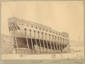 Das Linienschiff Dronning Maria auf der Werft
