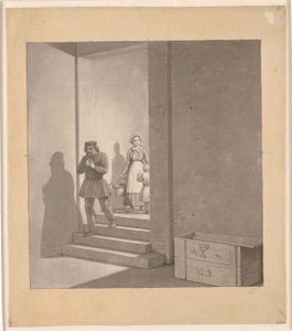 Mann auf der Treppe, im Hintergrund Frau und Kind von Christoffer Wilhelm Eckersberg
