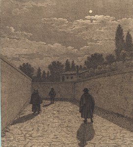 Mondschein über einer Straße mit drei Figuren. Illustration zu "Linearperspectiven", Tafel IV