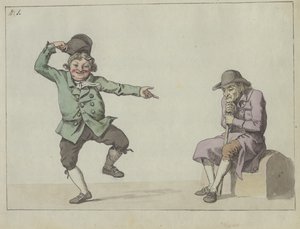Satirisches Blatt; ein Mann springt und lacht, während er auf einen sitzenden alten Mann zeigt