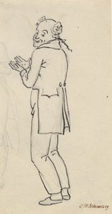 Satirisches Blatt; ein lächelnder Mann, von der Seite gesehen, mit beiden Händen vor der Brust, sowie Teil einer leichten Bleistiftskizze [abgeschnitten] von Christoffer Wilhelm Eckersberg
