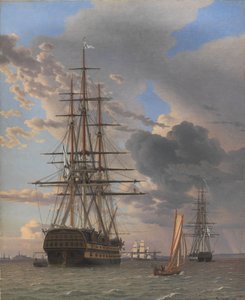 Das russische Linienschiff "Asow" und eine Fregatte vor Anker bei Elsinore