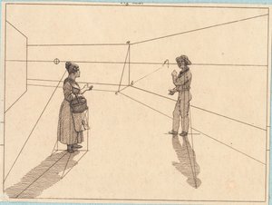Zwei Figuren in einer geometrischen Konstruktion. Illustration zu "Linearperspectiven", Tafel IV von Christoffer Wilhelm Eckersberg