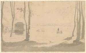 Aussicht über einen See, links ein Badehaus, in der Mitte Reiter, die Pferde tränken, im Vordergrund bewaldet