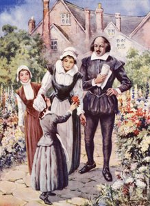 William Shakespeare mit seiner Frau und zwei Töchtern im Garten von New Place, Stratford-upon-Avon