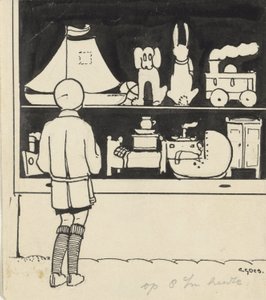 Dick schaut in das Schaufenster eines Spielzeugladens von C. Goes (signed by artist)