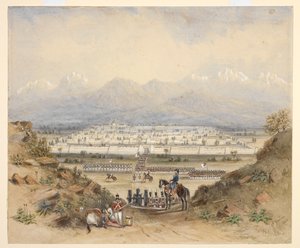 Ein General, der Kavallerie und Infanterie überprüft, die im Begriff sind, eine ummauerte Stadt in bergigem Land zu betreten, vielleicht Kandahar (N.W.F.P.). 1843, nach einer früheren Skizze. von C. Graham