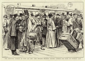 Das bischöfliche Jubiläum von Papst Leo XIII, die englischen Pilger verlassen London nach Rom