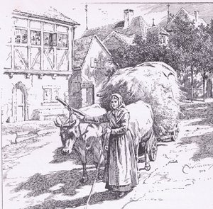 Karren, die von Ochsen gezogen wurden, rumpelten durch die stillen Straßen von C. Wilhelm