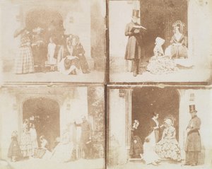 Kontaktabzug von vier Gruppenporträts in einer Türöffnung, ca. 1850