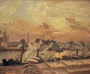 Déchargement de bois, quai de la Bourse, coucher de soleil, 1898 von Camille Jacob Pissarro