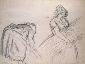 Studie von zwei weiblichen Erntehelfern, 1882 (schwarze Kreide auf rosa Papier mit Weiß)
