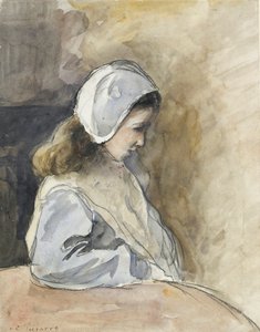 Jeanne-Rachel Pissarro sitzt an einem Tisch, ca. 1872