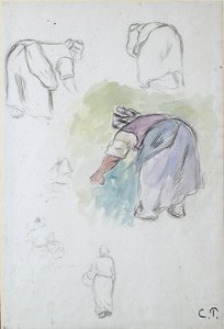 Blatt mit Studien: vier Studien einer sich bückenden Bäuerin und zwei Studien einer Frau, die eine Schale hält von Camille Pissarro