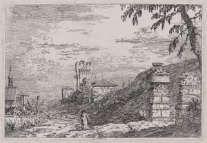 Landschaft mit Turm und zwei zerstörten Säulen, aus der Serie Vedute von Canaletto (Giovanni Antonio Canal)