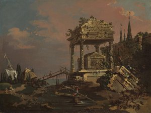 Imaginäre Ansicht mit einem Grab am Lagunenrand, frühe 1740er Jahre von Giovanni Antonio Canal