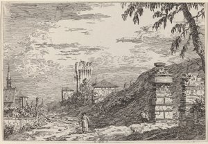 Landschaft mit Turm und zwei zerstörten Säulen von Canaletto
