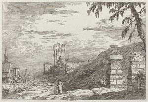 Landschaft mit Turm und zwei zerstörten Säulen [links]