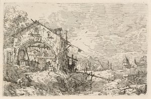 Landschaft mit einer Frau an einem Brunnen, ca. 1740 von Canaletto