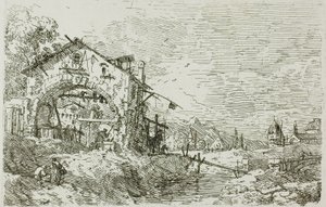 Landschaft mit einer Frau an einem Brunnen, aus Vedute von Canaletto