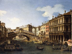Die Rialtobrücke, Venedig, von Süden mit der Einschiffung des Prinzen von Sachsen während seines Besuchs im Jahr 1740 von Giovanni Antonio Canal