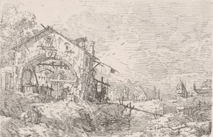 Frau schöpft Wasser aus einem Brunnen unter einer Arkade links, mit einer Landschaft rechts, 1717-68 von Canaletto