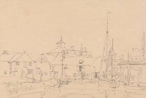 Skizze von Segelbooten, die neben einem Dorf festgemacht sind von Capt. Thomas Hastings