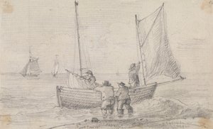 Skizze einer Gruppe, die die Segel am Ufer von Hastings vorbereitet von Capt. Thomas Hastings