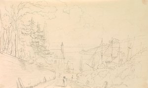 Skizze einer Straße, die zum Ufer mit angedockten Schiffen hinabführt von Capt. Thomas Hastings