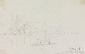 Skizze eines Segelbootes und eines Gebäudes am Ufer von Capt. Thomas Hastings