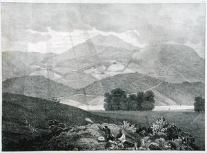 Ansicht eines Teils des Sees und der Cottages in Ottacamund, Neelgherry Mountains, Tafel 3 aus View of the Neilgherries, or Blue Mountains of Coimbetoor, Southern India von Captain McCurdy, veröffentlicht 1830