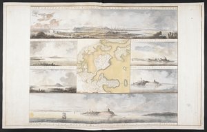 Ansichten der Hauptstadt von Neuengland und Schloss von William und Mary im Hafen von Boston