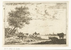 Flusslandschaft mit Bauer und Kühen bei Bauernhof