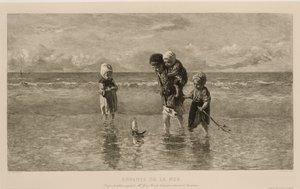 Vier Kinder spielen mit einem Spielzeugboot am Strand im flachen Meerwasser (Serie: Kinder der See, Enfants de la mer) von Carel Lodewijk Dake