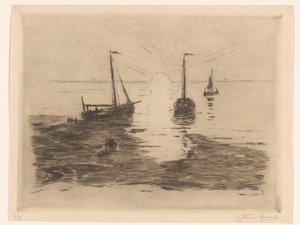 Meereslandschaft mit Segelbooten und Sonnenuntergang von Carel Nicolaas Storm van 