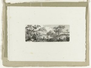Reisende bei einem Bach in hügeliger Landschaft von Carl August Lebschee