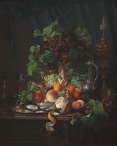 Stillleben mit Weinglas, Austern, Zitrone und anderen Früchten