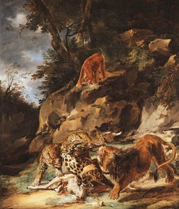 Ein Löwe vertreibt ein Paar Leoparden von einem toten Hirsch von Carl Borromaus Andreas Ruthart