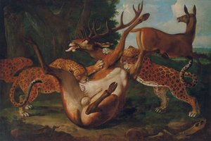 Leoparden greifen Hirsche in einer Landschaft an von Carl Borromaus Andreas Ruthart